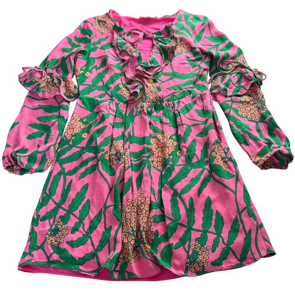 Julie Brown New York Pink Floral Ruffle Mini Dress Long Sleeve Babydoll S Summer